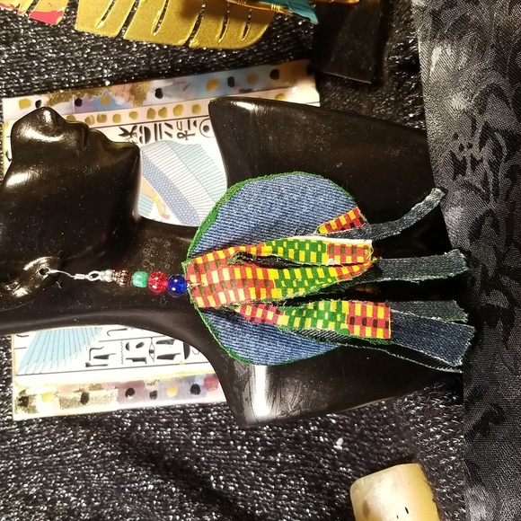 Jazzy Blue Jean fabric kente cloth print African fabric Fringes earrings - Picture 3 of 9